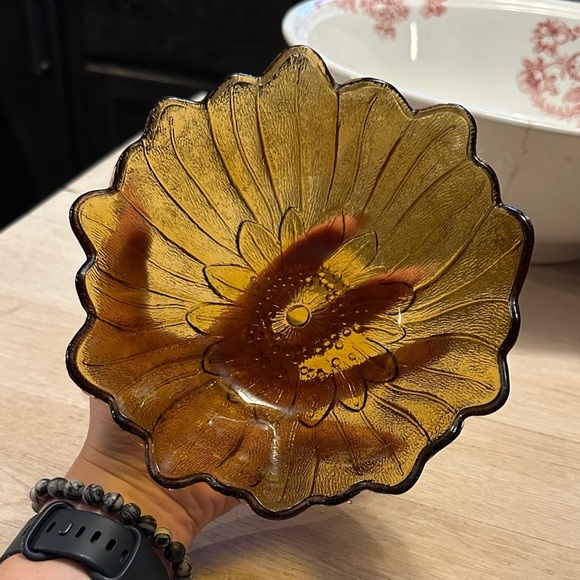 VINTAGE | Indiana Glass Amber Sunflower Bowl, Marigold Carnival Glass 7” 1930’s - Picture 10 of 11